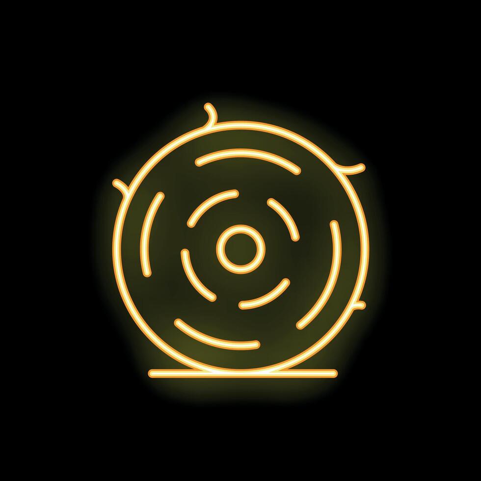 Yellow neon sign of a tree trunk with annual rings on black background vector