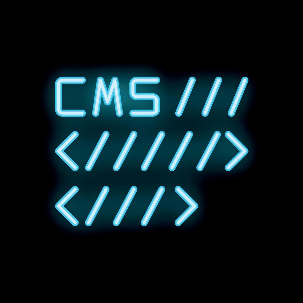 Neon sign representing cms programming language and code brackets vector