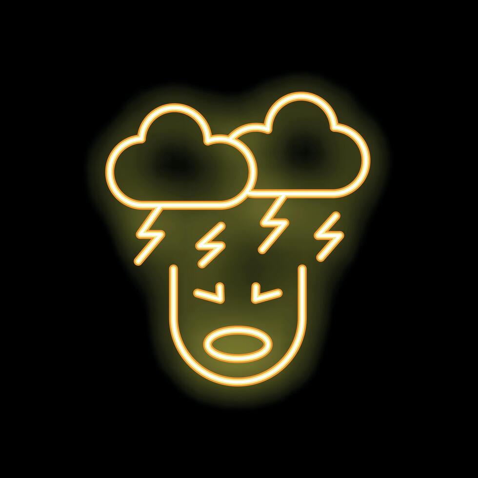 Neon sign representing a face expressing anger with storm clouds and lightning vector