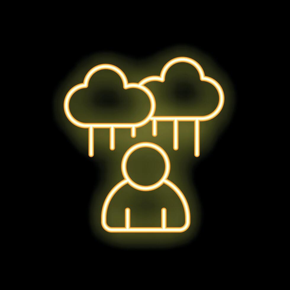 Neon icon of a person standing under raining clouds representing sadness vector