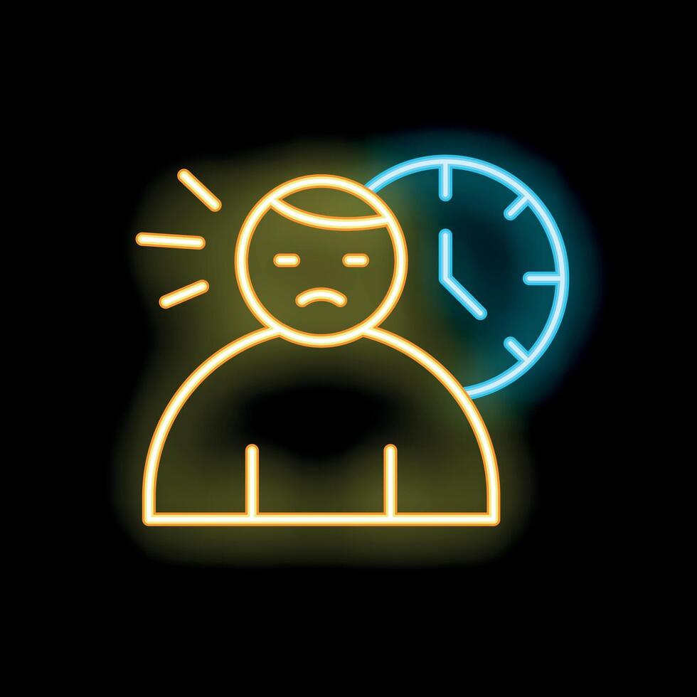 Stressed businessman having headache near clock glowing neon icon vector