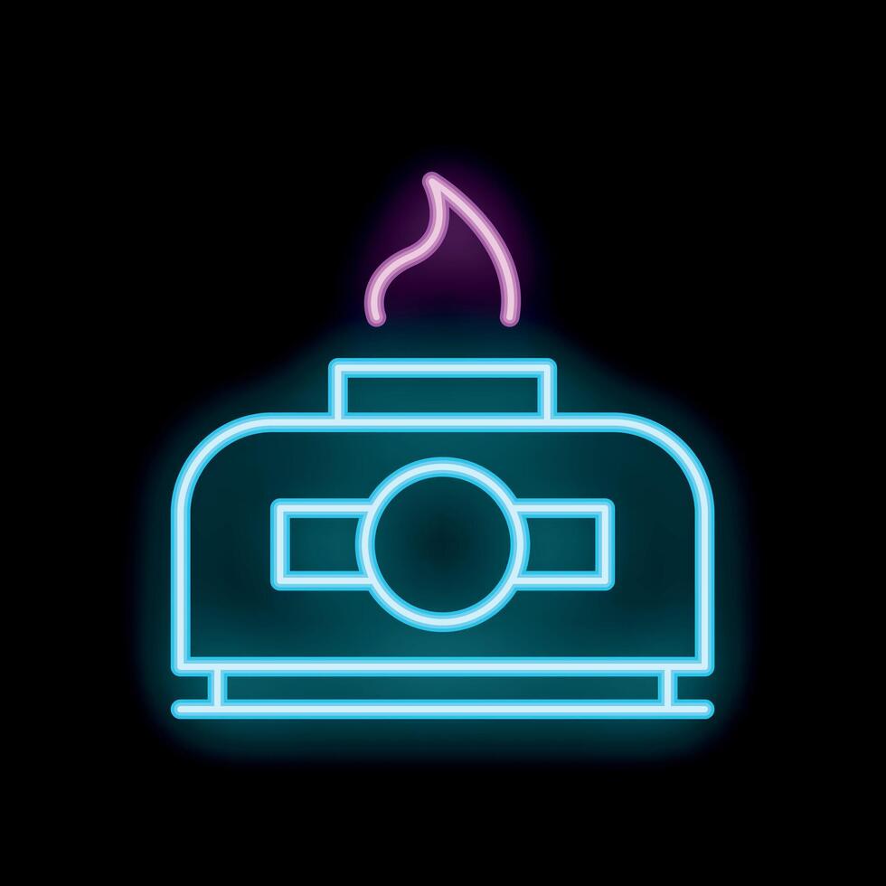 Neon sign of old photo camera burning with bright flame on black background vector