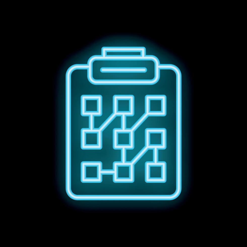 Neon blue clipboard showing database schema icon on black background vector