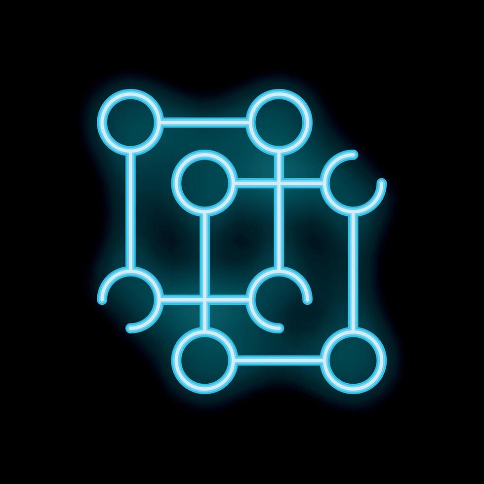 Neon blue blockchain technology icon glowing on black background vector