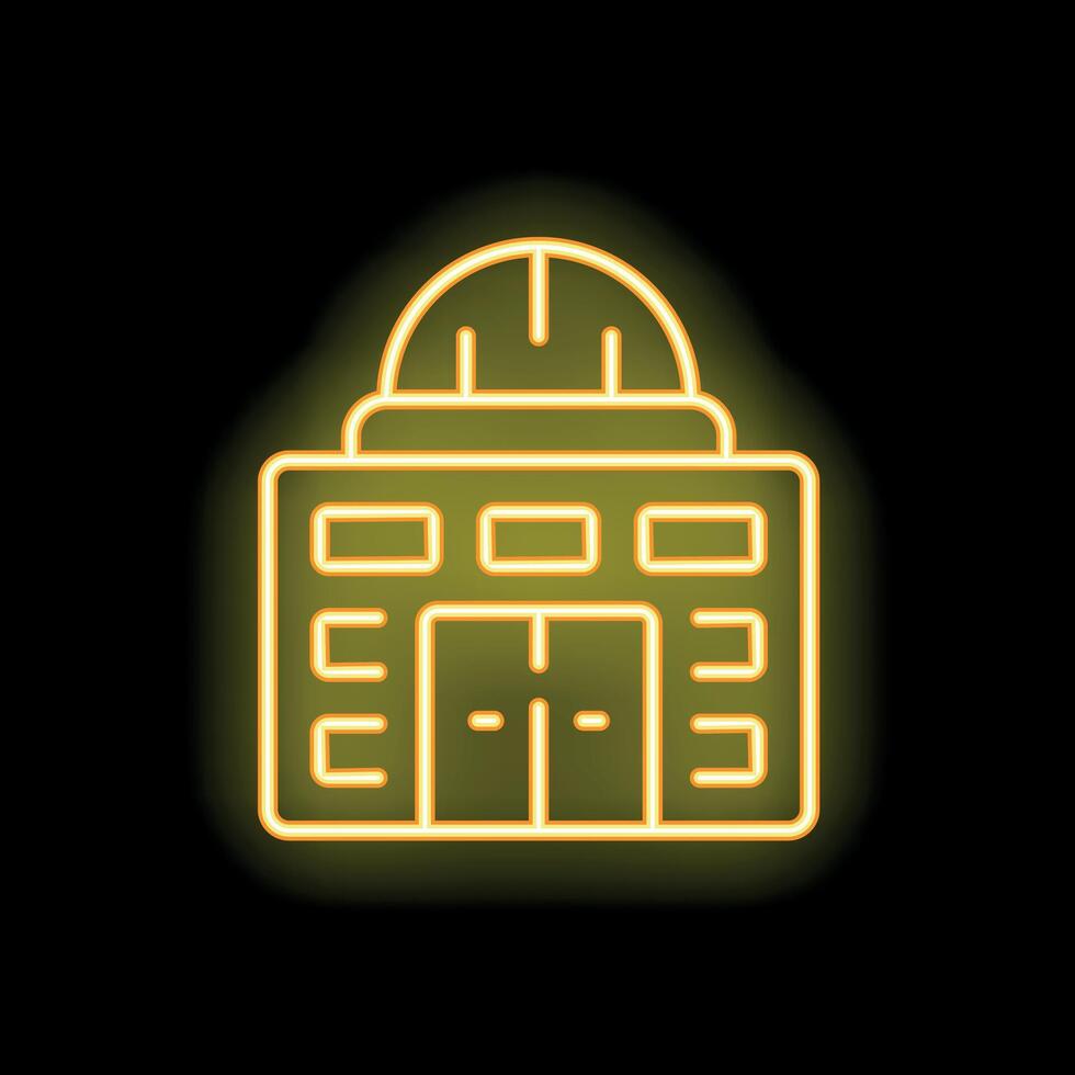 Neon yellow observatory building shining on black background vector