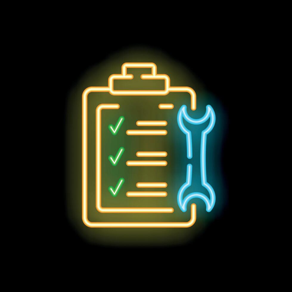Neon sign representing checklist and wrench for maintenance tasks vector