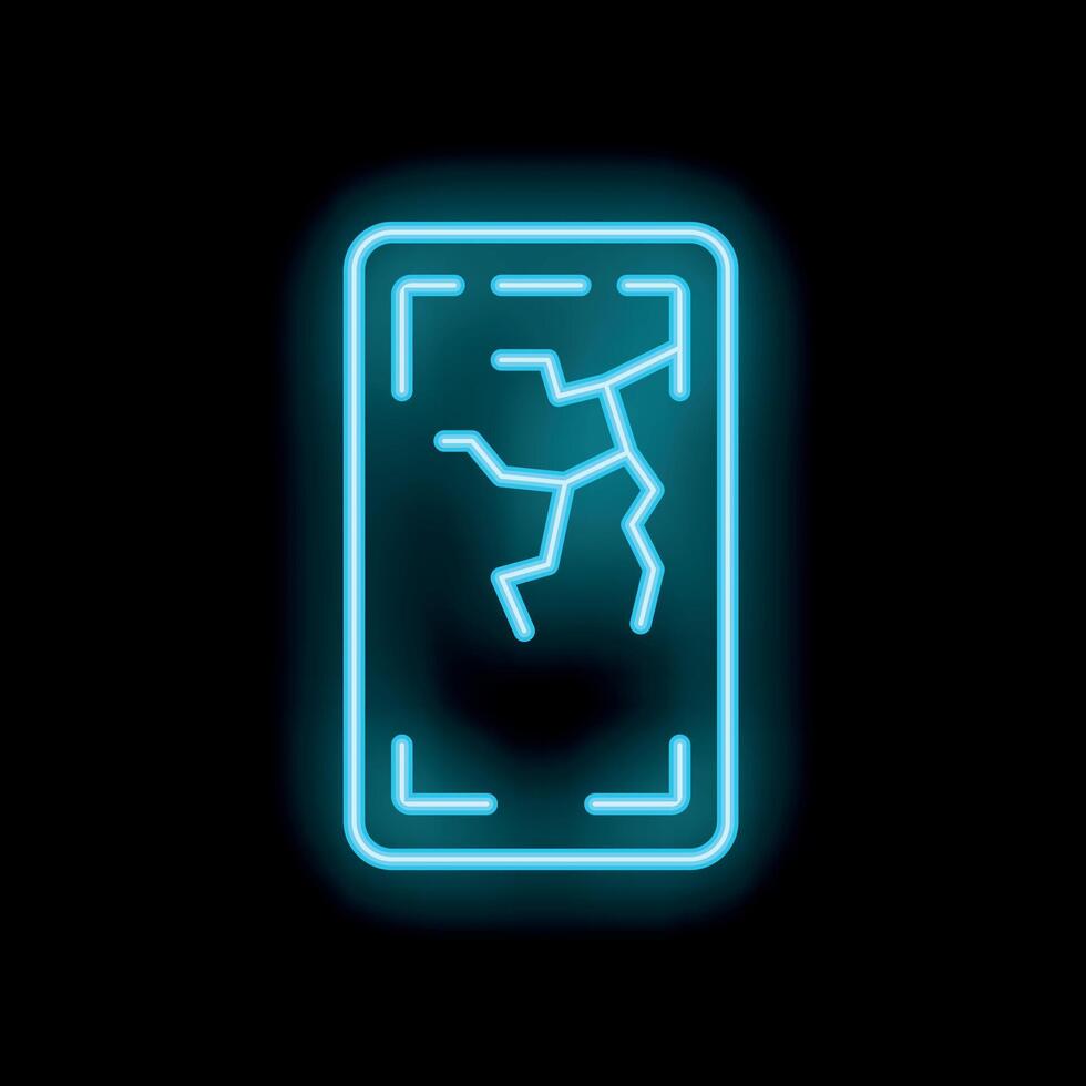 Blue neon icon of a smartphone with a broken screen displaying a crack vector
