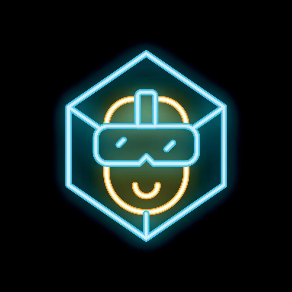 Neon metaverse icon with person wearing vr headset inside cube vector