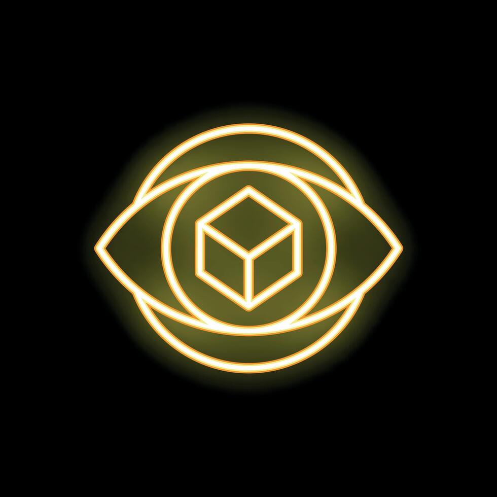 Neon eye focusing on three dimensional cube symbol vector
