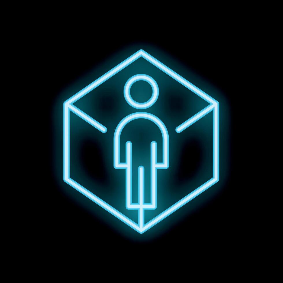 Neon icon of a human figure standing inside a cube on black background vector