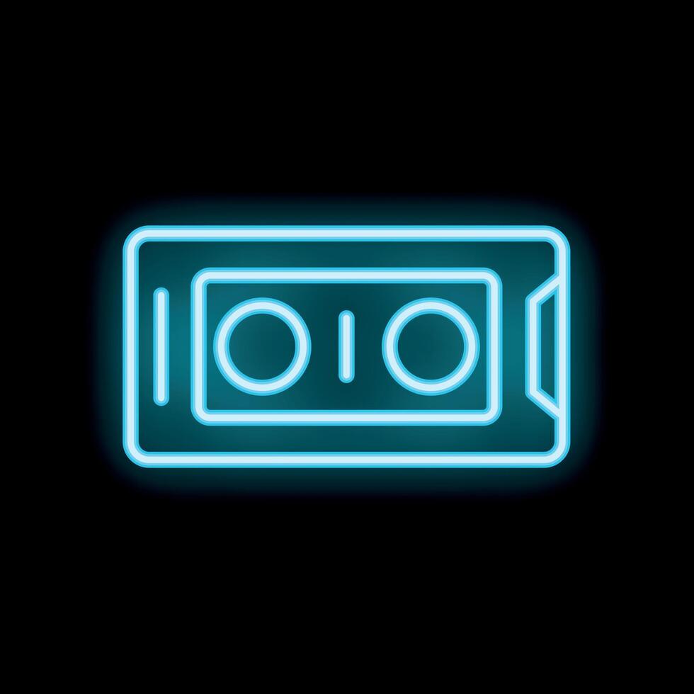 Blue neon vhs cassette tape icon glowing on black background vector