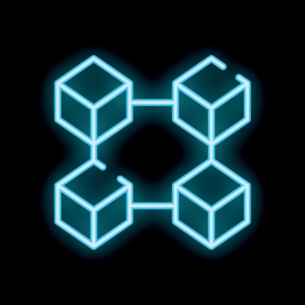 Neon blockchain technology icon glowing on black background vector
