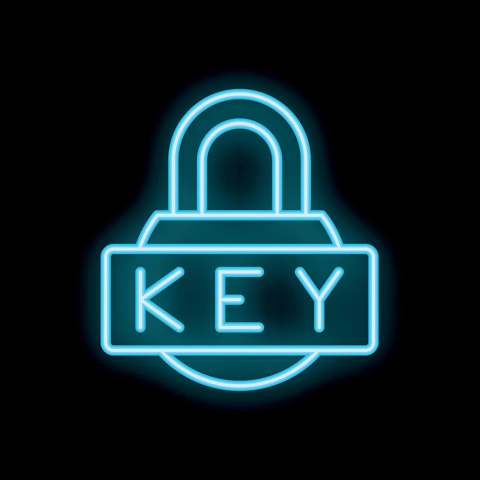 Blue neon padlock sign with key word on black background vector
