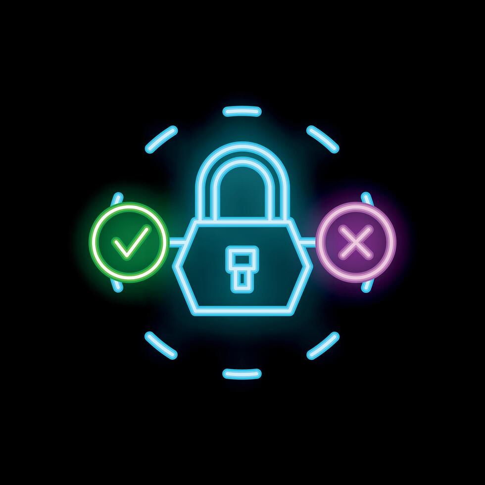 Neon padlock displaying security status with check and cross marks vector