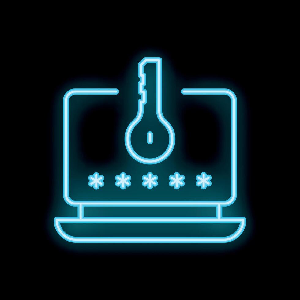 Neon icon of laptop showing password protected access with key vector