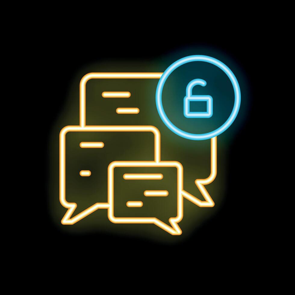 Neon icon of unlocked padlock over speech bubbles representing data security vector