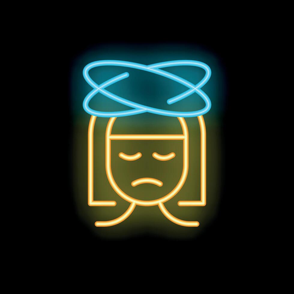 Neon dizziness icon of woman feeling unwell with spinning sensation vector