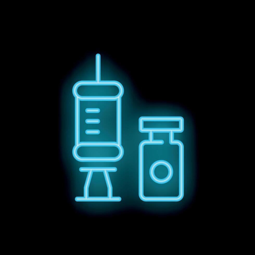 Neon syringe and vial glowing on black background vector