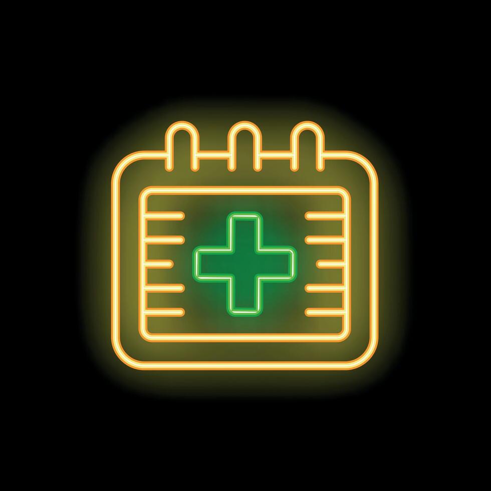 Glowing neon line medical appointment icon isolated on black background illustrating a calendar with a cross sign vector