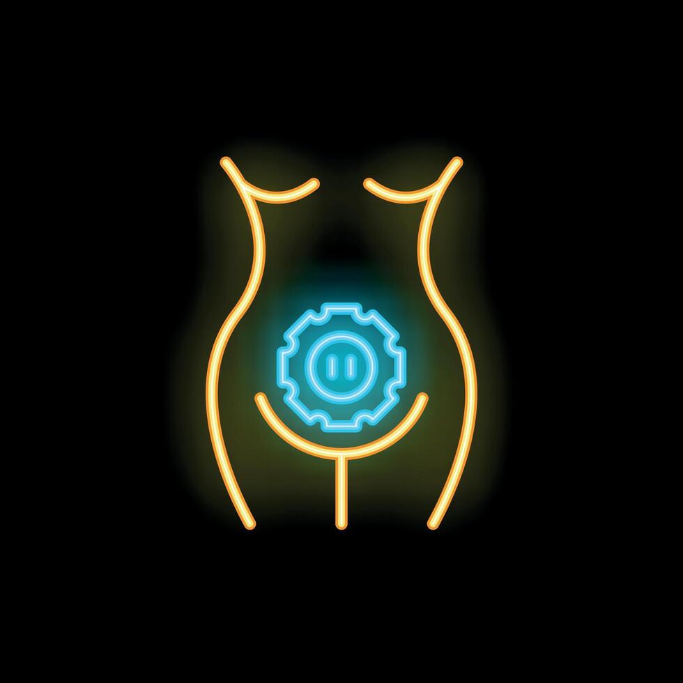 Neon sign showing female body with cogwheel representing menstrual cycle vector