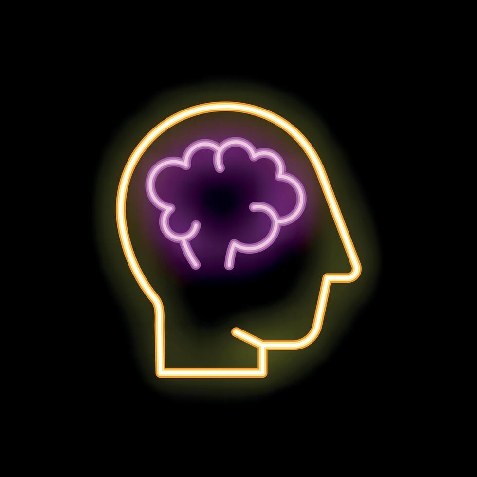 Neon sign representing human head with brain powering up vector