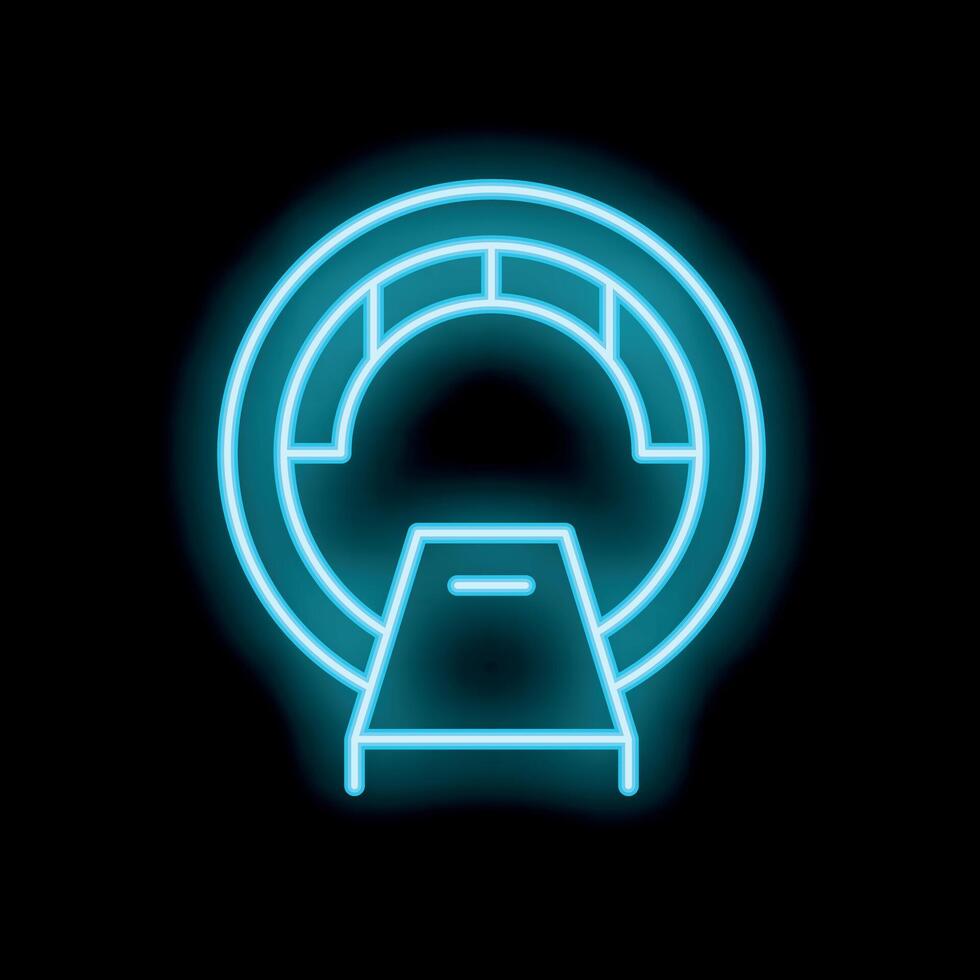 Neon icon of a tomography scanner glowing blue on black background vector