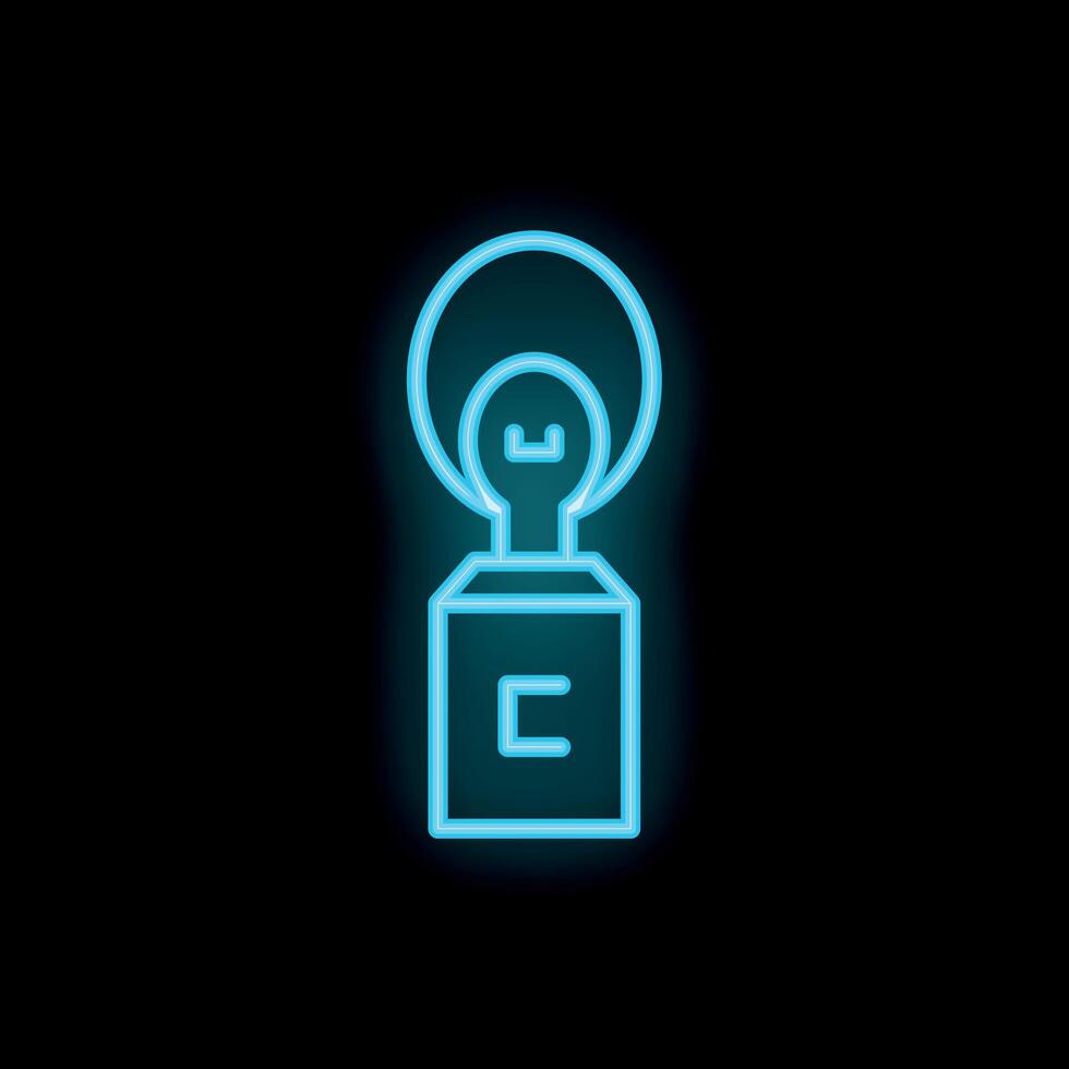 Blue neon sign of a light bulb emerging from a square with the letter c on a black background vector