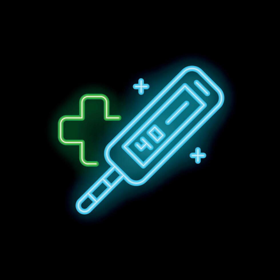 Neon style icon of electronic thermometer showing high temperature vector