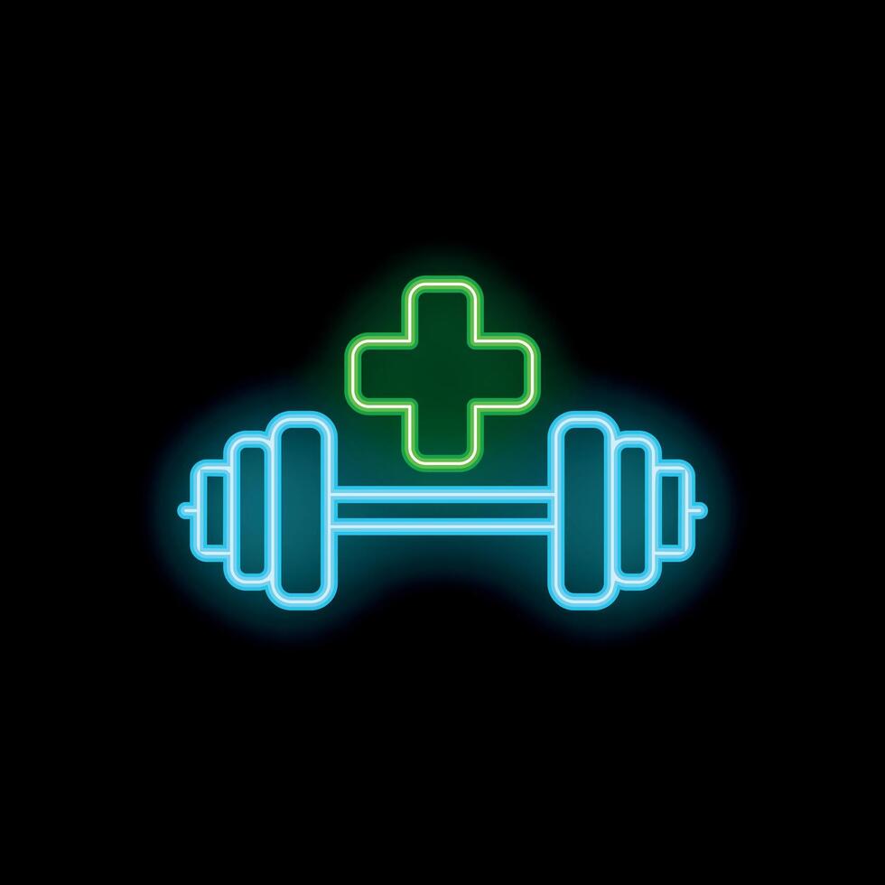 Glowing neon icon of dumbbell with medical cross representing healthy lifestyle vector