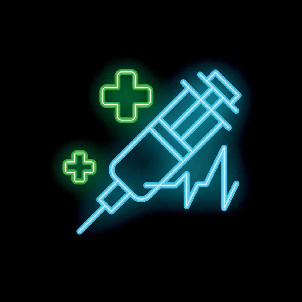 Neon syringe injecting medicine with ekg line and green crosses vector