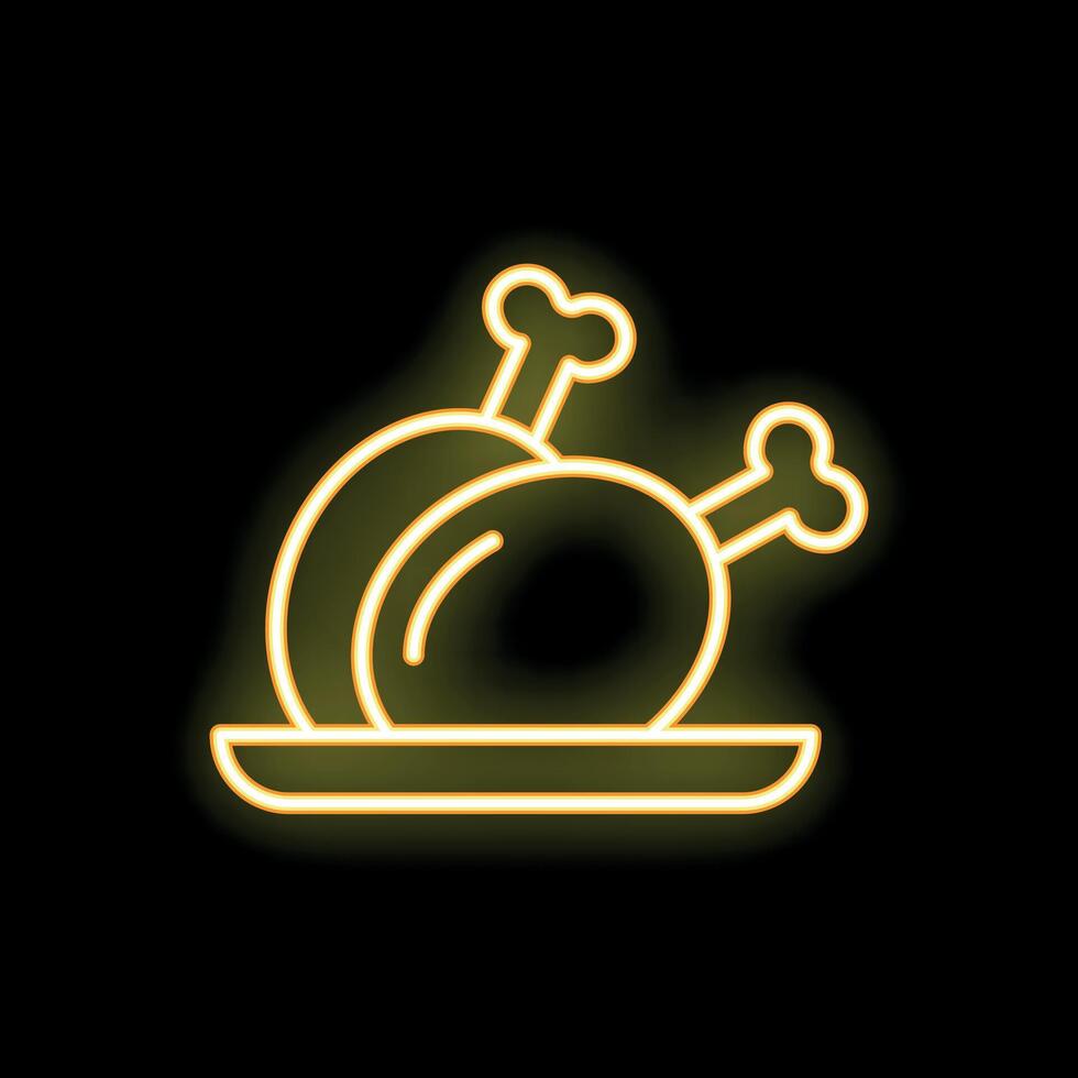 Neon sign of two chicken legs on a plate glowing on black background vector
