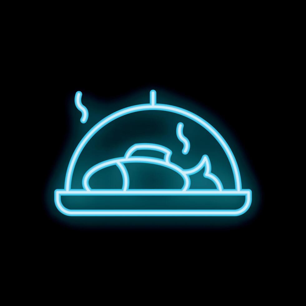 Blue neon sign of steaming food platter on black background vector