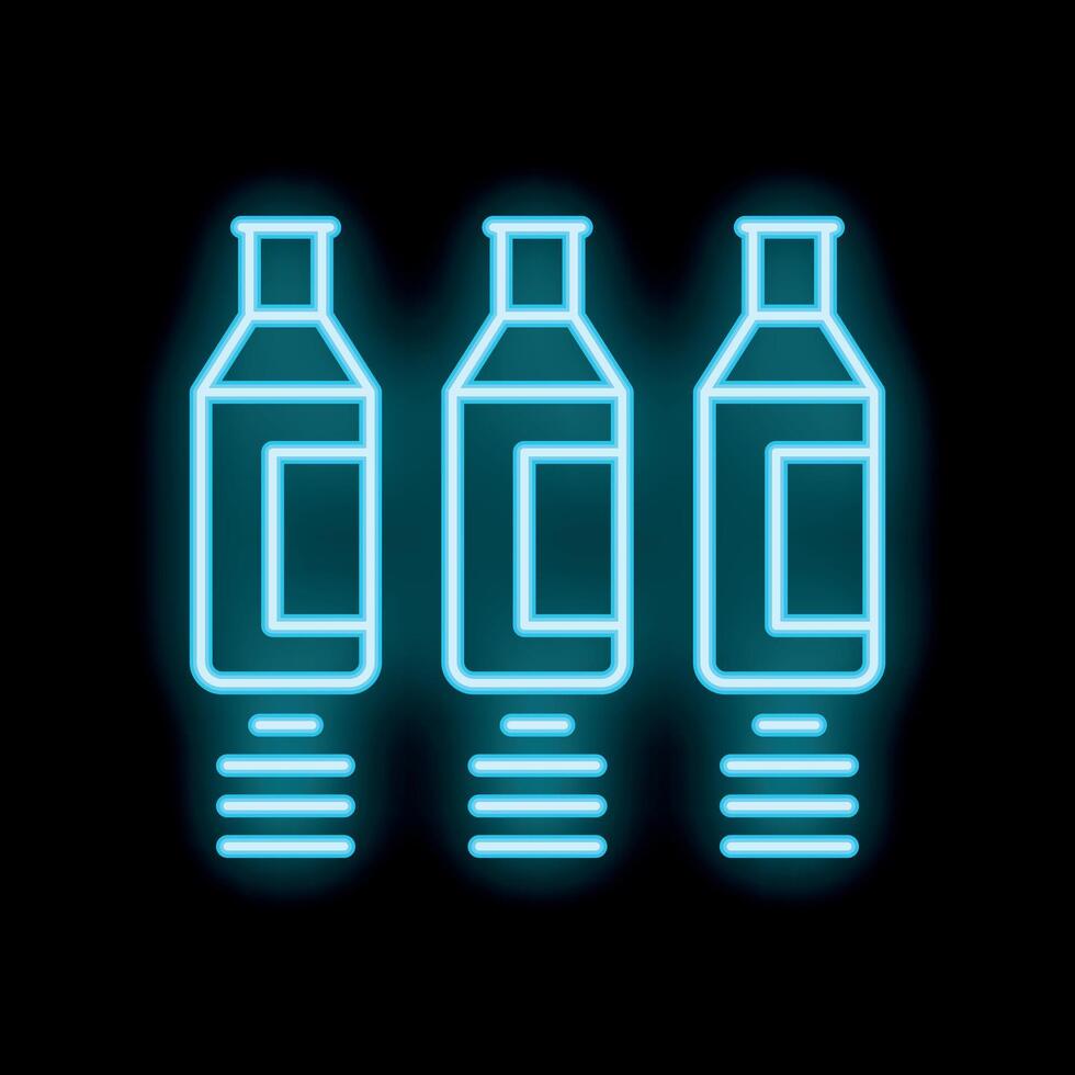 Neon icon of three bottles standing on shelves on black background vector
