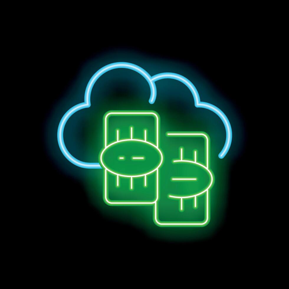 Neon icon of data servers communicating through cloud computing vector