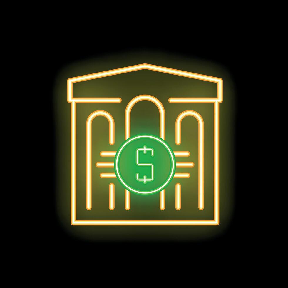 Glowing neon line bank building with dollar coin icon isolated on black background. illustration vector