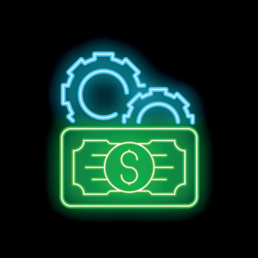 Neon gears turning over banknote generating profit vector