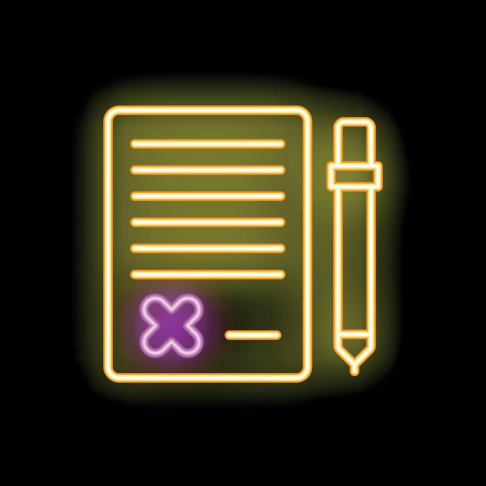 Neon sign of a document being edited with a pen and a cross mark vector