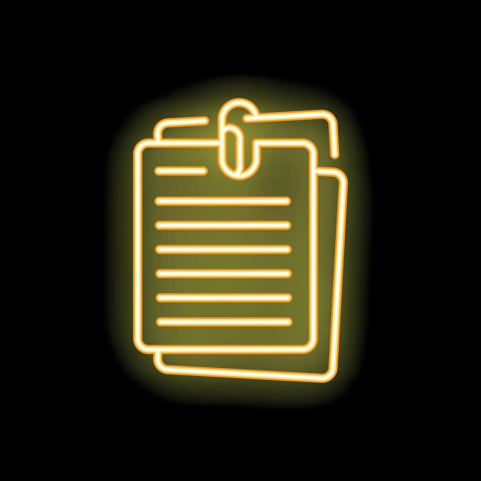 Neon icon of documents attached with paperclip glowing yellow vector
