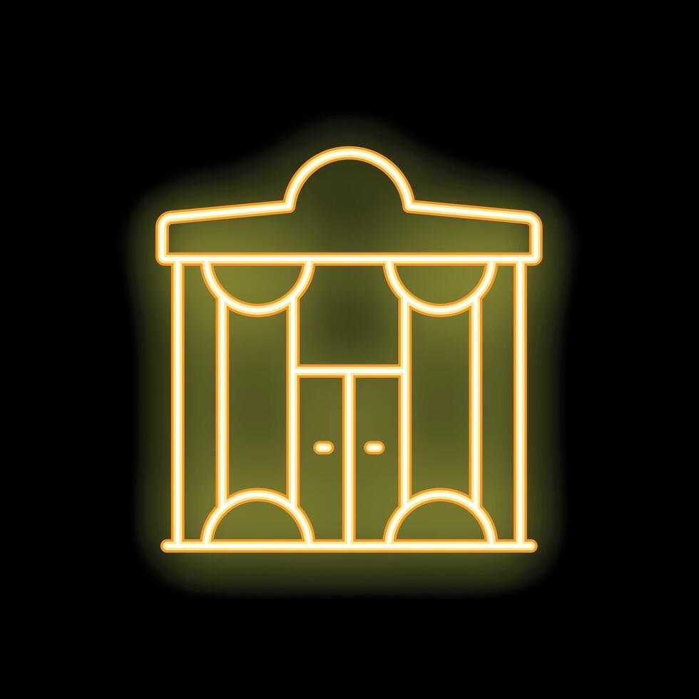 Yellow neon sign of building with columns and canopy on black background vector