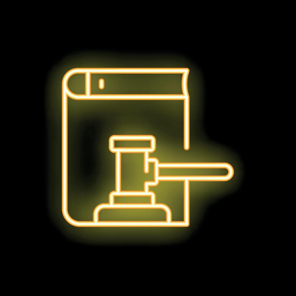 Neon yellow law book with judge gavel icon glowing on black background vector