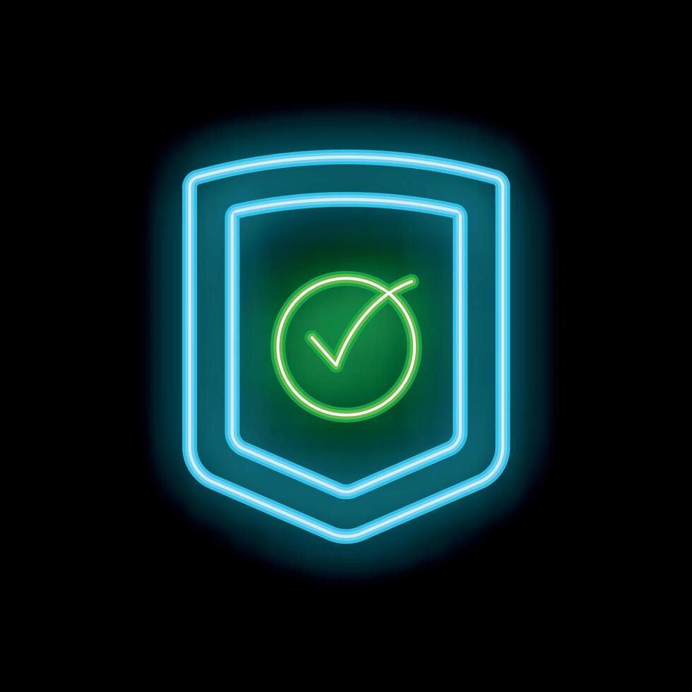 Neon shield with check mark symbolising security and protection vector