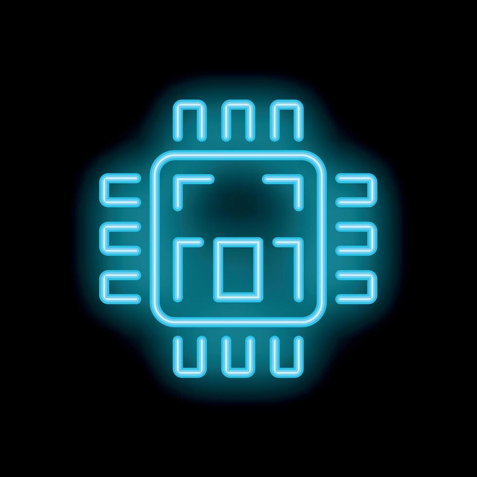Blue neon cpu microchip icon glowing on black background vector