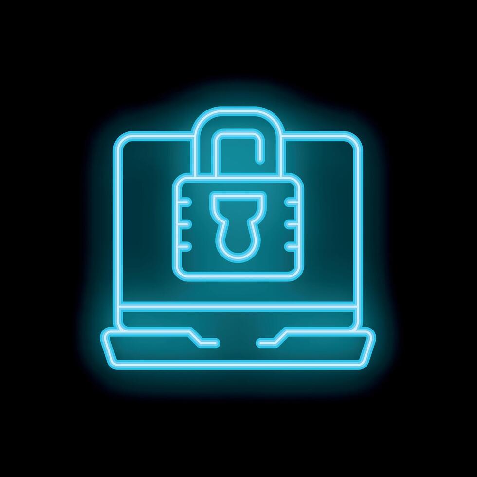 Neon blue laptop security lock icon glowing on black background vector