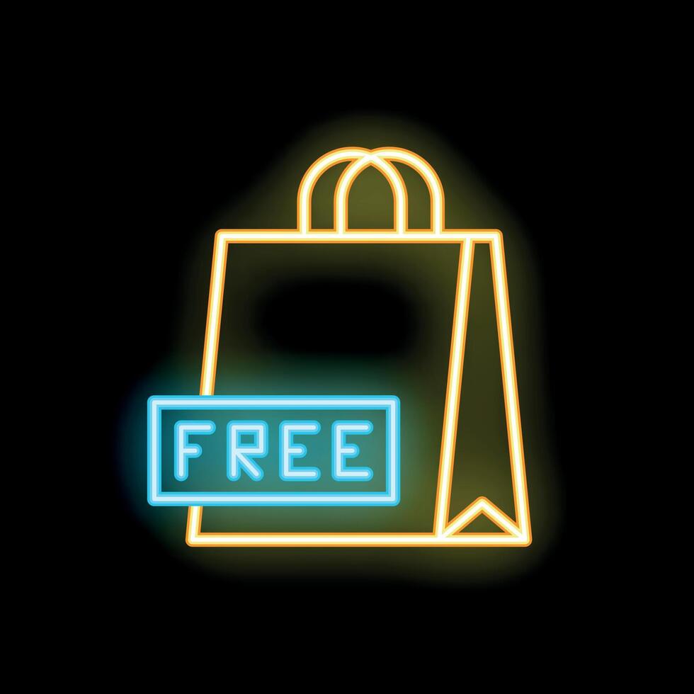 Neon shopping bag sign offering free products on black background vector
