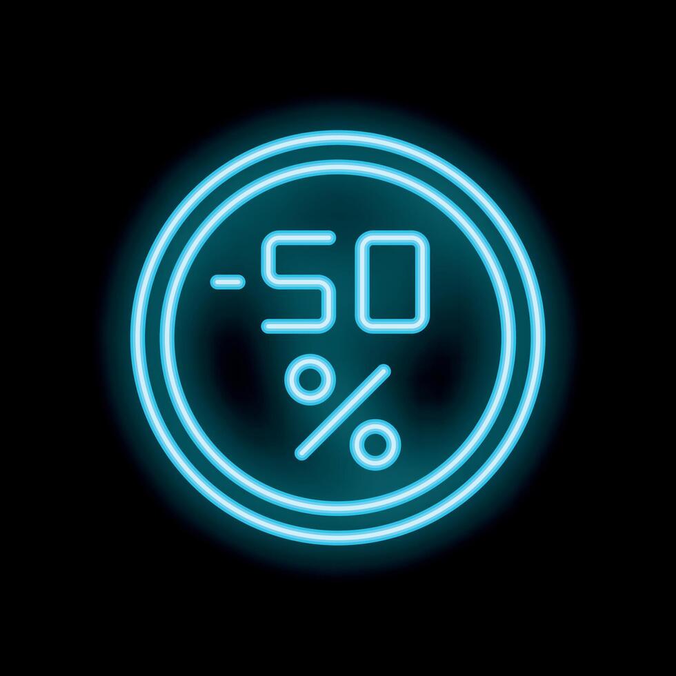 Neon sign showing fifty percent discount on black background vector