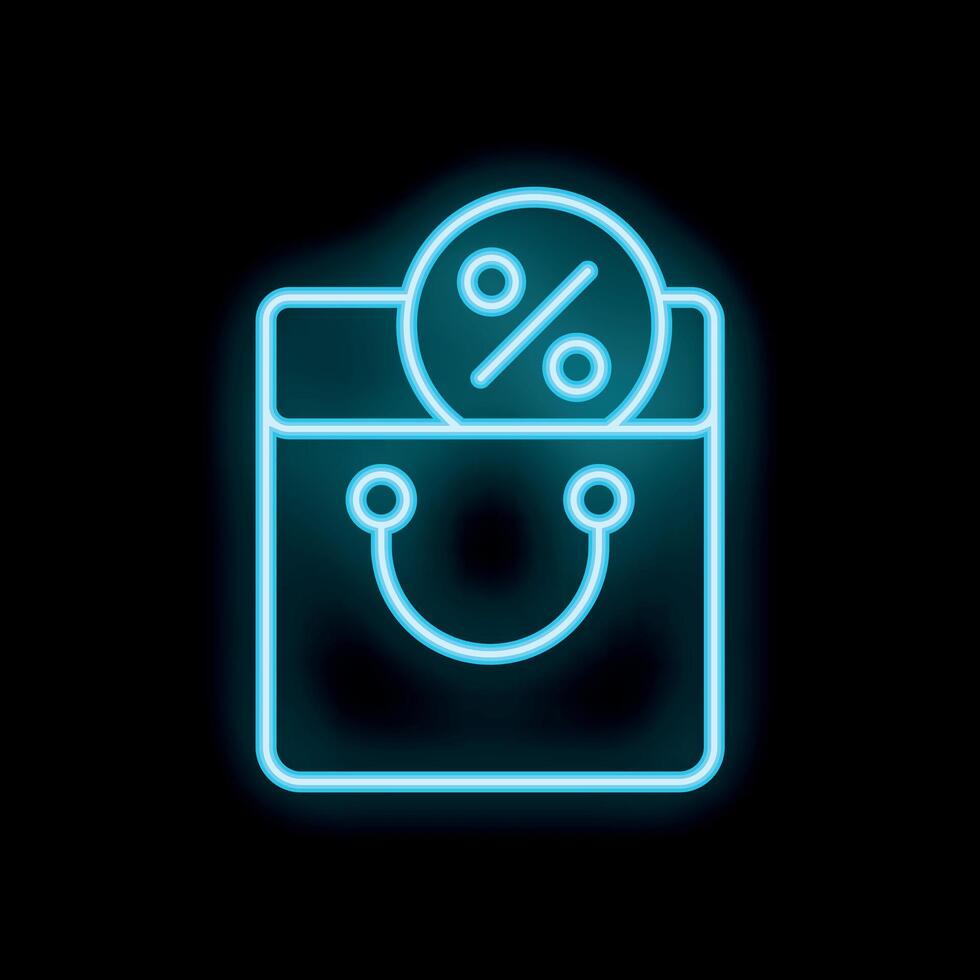 Neon shopping bag with percentage symbol showing discounts and sales vector