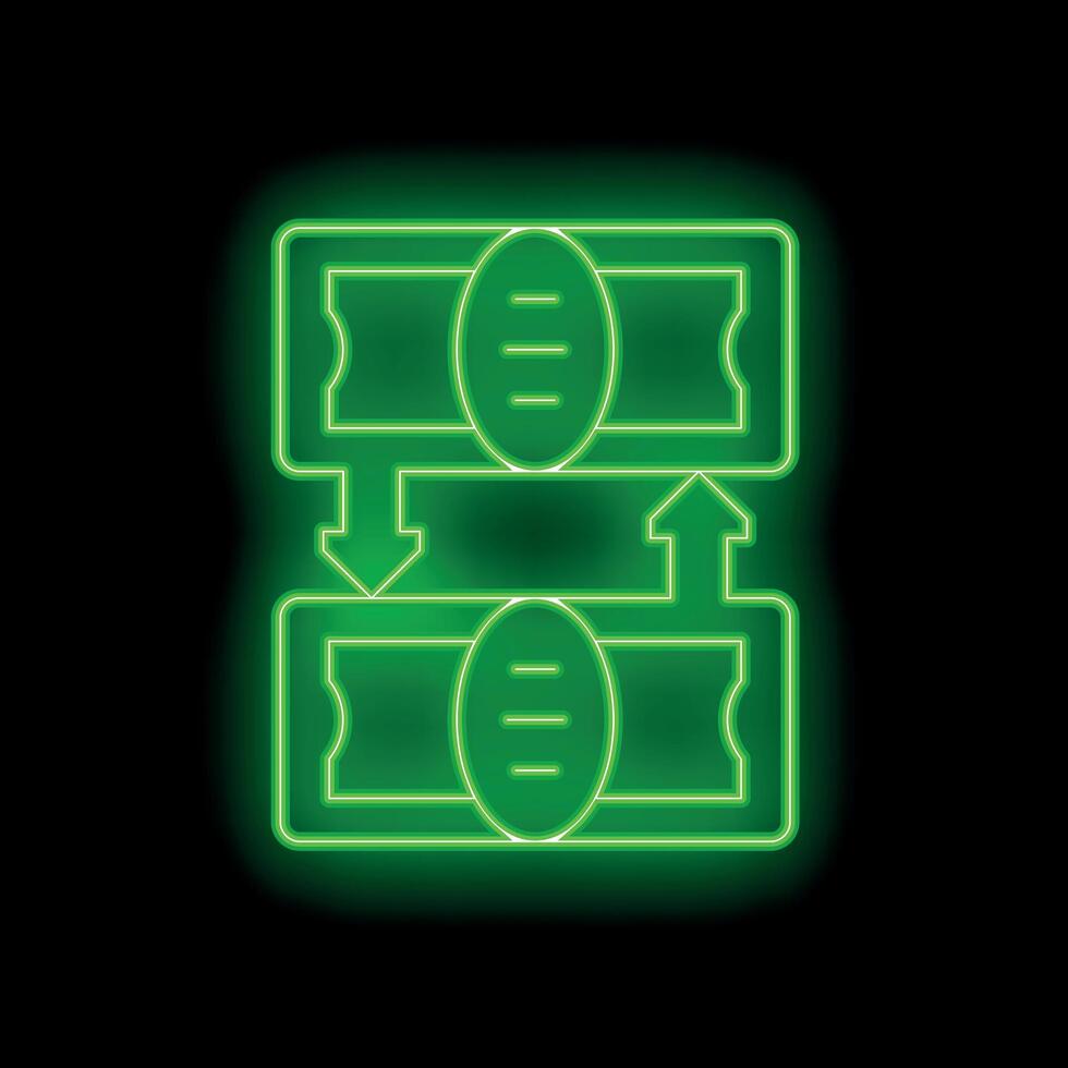 Neon green money transferring from banknotes to banknotes over black background vector
