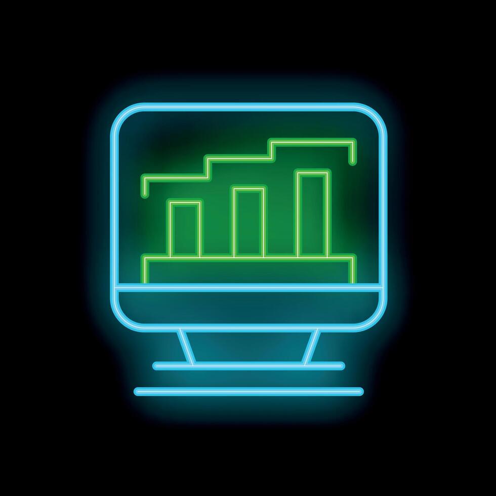 Neon computer screen showing growing bar chart on black background vector