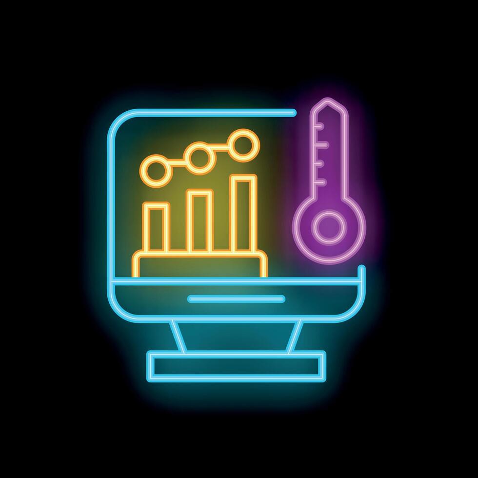 Computer screen displaying growing chart and thermometer neon sign vector