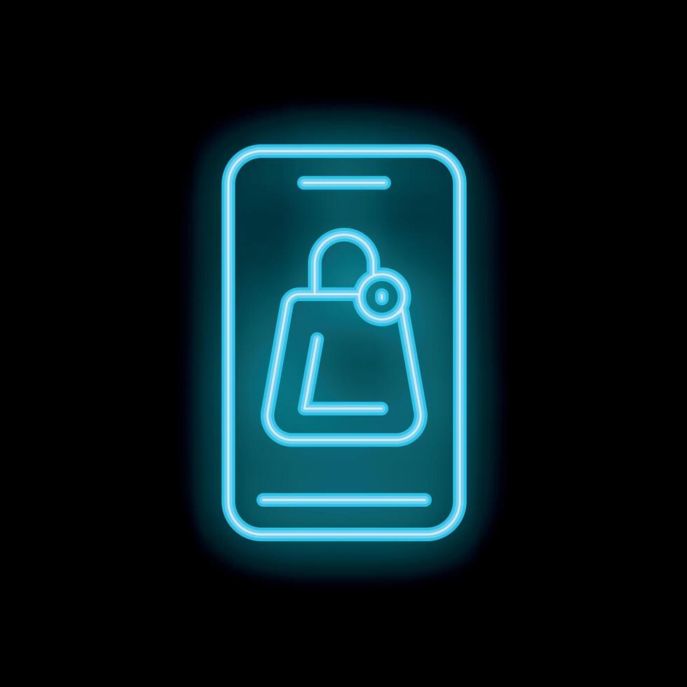 Neon shopping bag icon glowing inside smartphone screen on black background vector